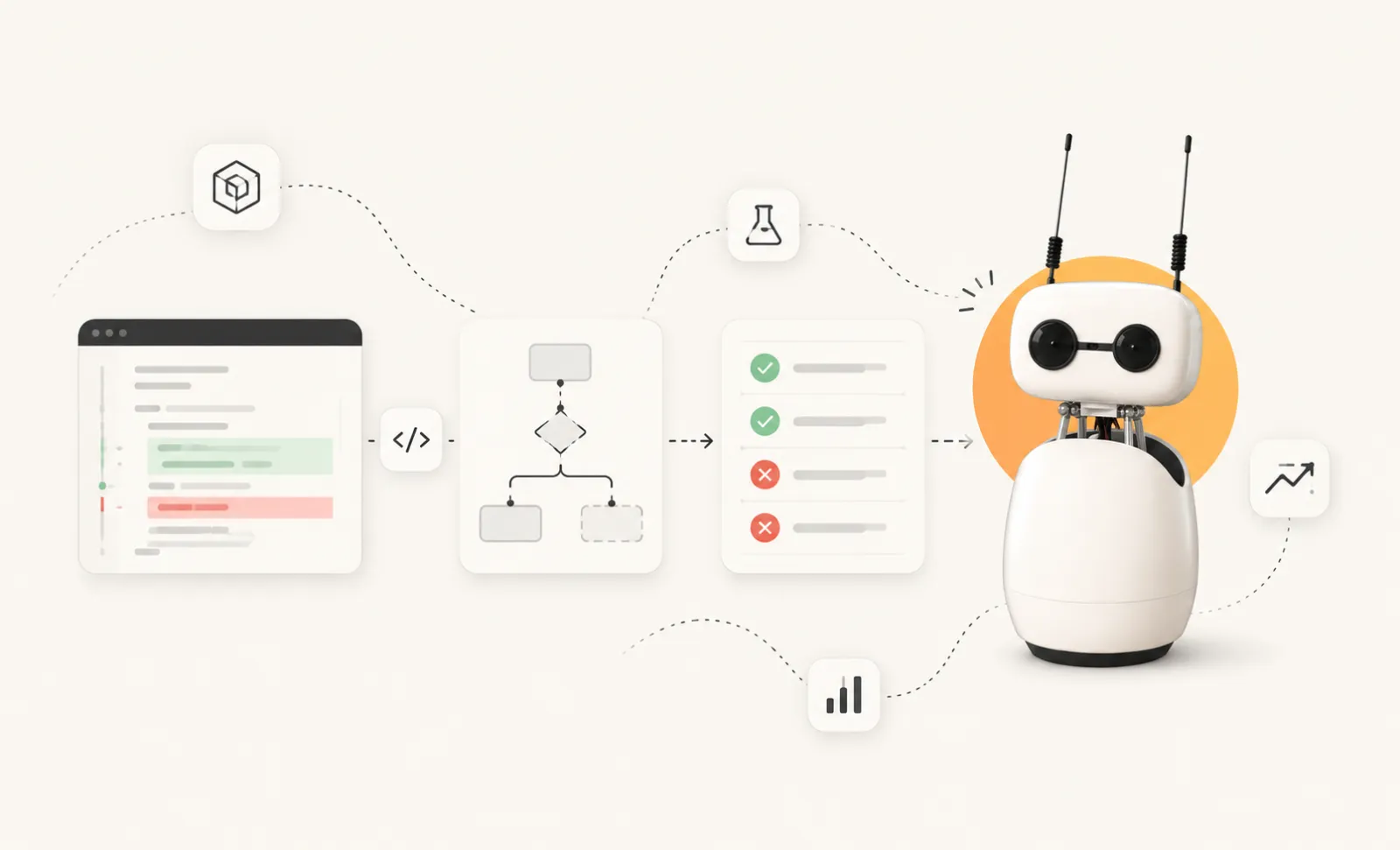 Langy, the automated AI engineer: a trace with a diff, a test plan, a list of passing and failing scenario results, and the robot from the launch demo.